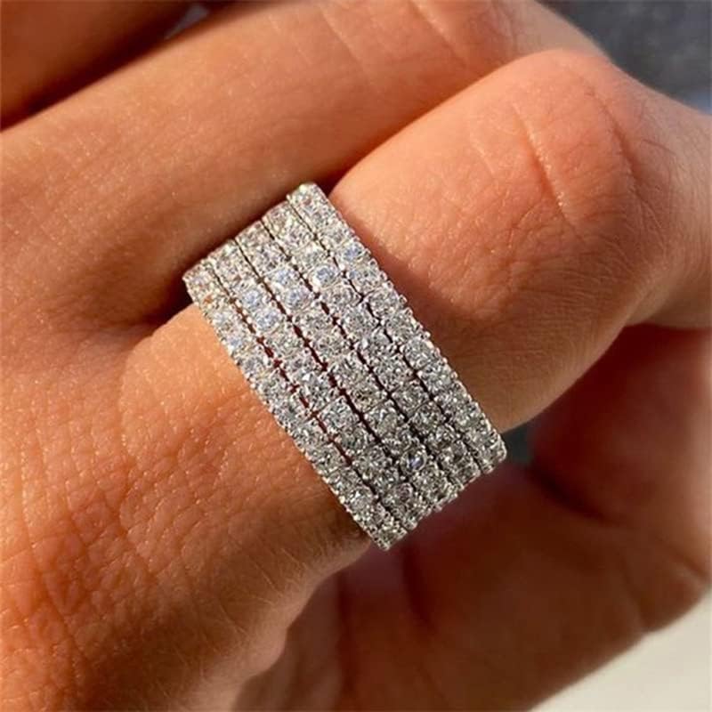 Sdouefos Store 14K White Gold Luxury Full Rhinestone Studded Zirconia Diamonds Engagement Ring Multi-Row Ring in Sterling Silver Wedding Band Rhinestone Rings Size 9 - Image 1